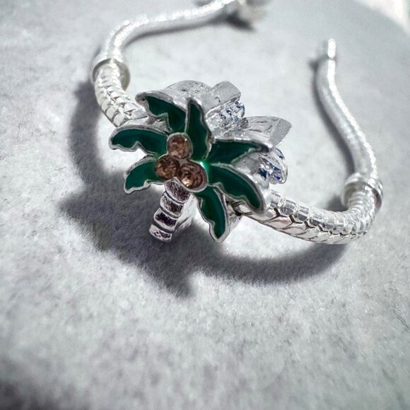 Silver Tone Palm Tree Charm Bracelet Enamel Green Coconuts Rhinestones Women - Picture 2 of 9